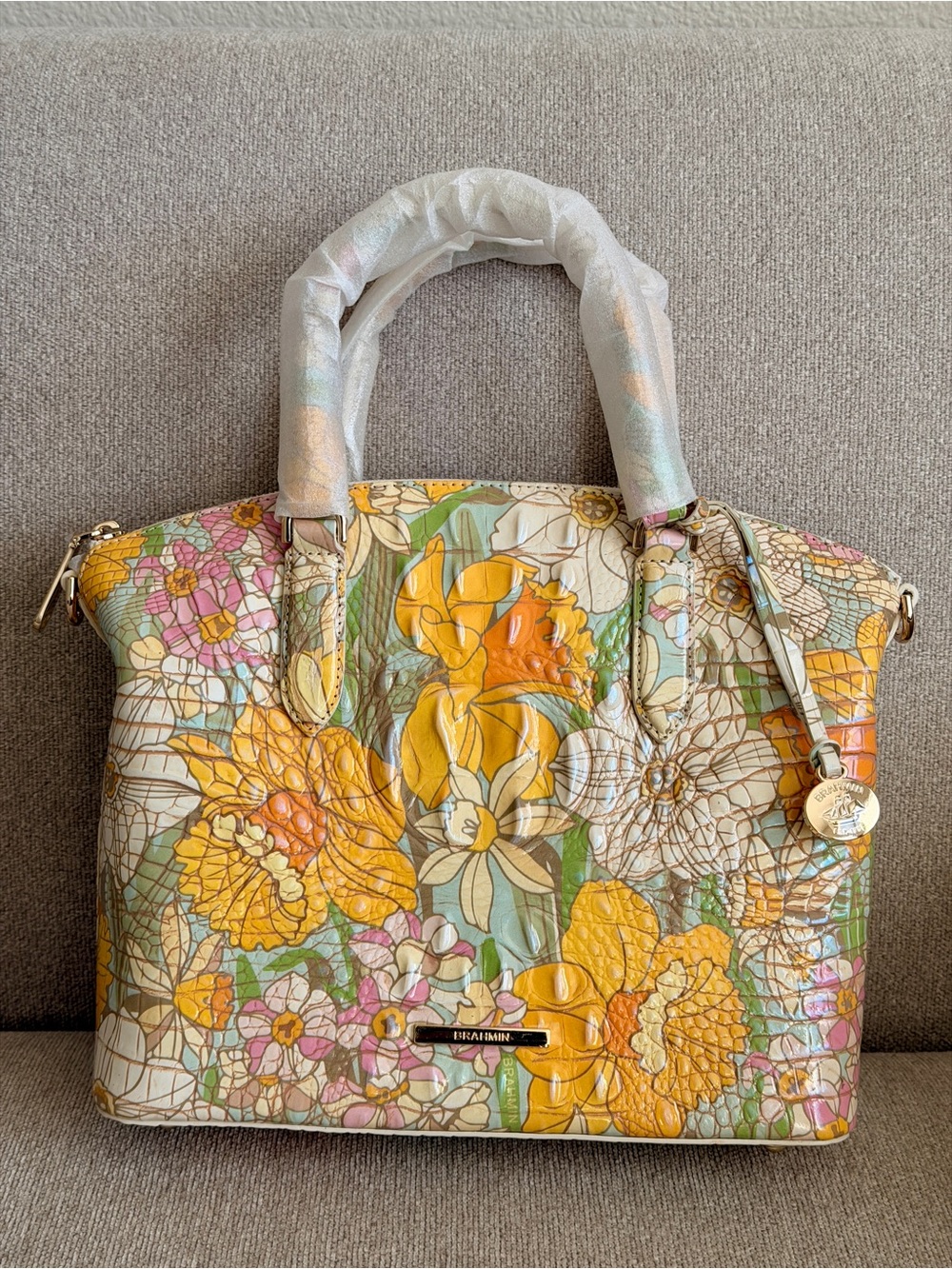Brahmin Duxbury Floral Multicolor Zip Satchel Top Handle Gold Hardware Strap